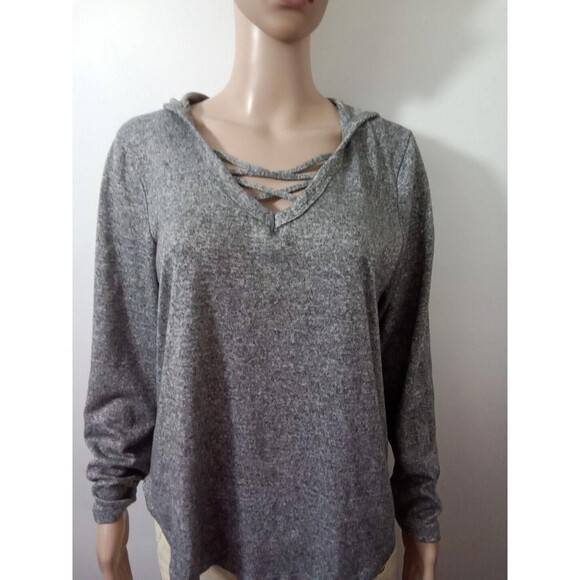Absolutely Famous XL Hooded Long Sleeve Top Gray V-neckline Criss-cross - Picture 8 of 13